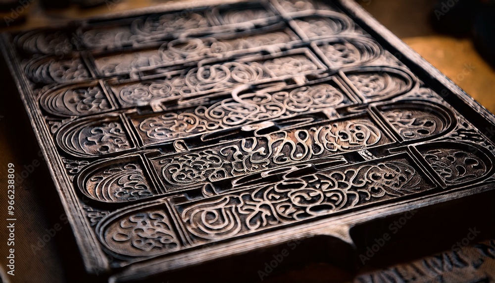 A metal plate elaborately engraved with letters and pictures. A metal plate elaborately engraved with letters and pictures.