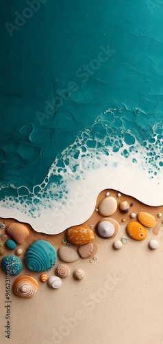 Top View of Sea Waves Washing Over Colorful Stones on Sandy Beach.