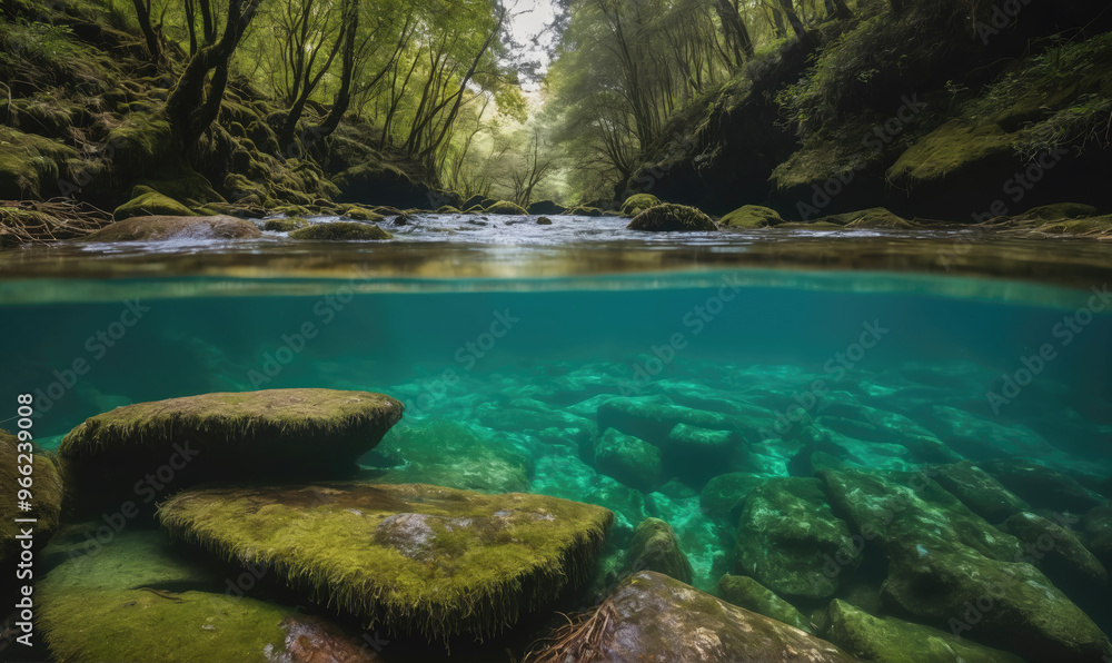 A view of a clear, calm river in a lush forest. The riverbed is visible through the water, revealing smooth, moss-covered rocks A view of a clear, calm river in a lush forest. The riverbed is visible through the water, revealing smooth, moss-covered rocks