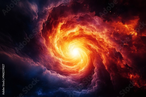 A mesmerizing image of a cosmic vortex, swirling with fiery energy and celestial clouds. It symbolizes the infinite nature of the universe, the power of creation, the cycle of life and death, and the 