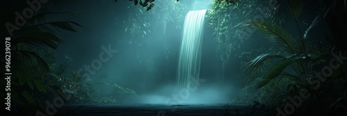 Wallpaper Mural A mesmerizing waterfall cascades down a rocky cliff face, shrouded in a misty jungle. Sunlight filters through the dense canopy, creating a ethereal glow. The sound of the water crashing into the pool Torontodigital.ca