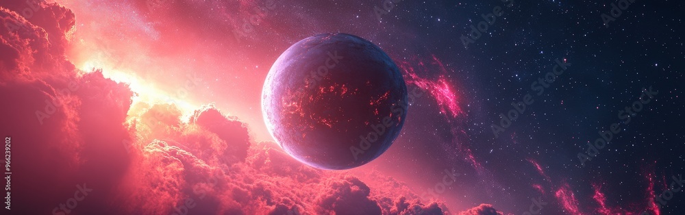 Obraz premium Blue and Pink Planet with Two Suns in Deep Space