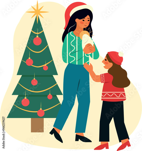 Ilustración Arrullo del niño Dios, mamá arrullando figura del niño Jesús con su hija en navidad