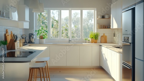 modern white kitchen, u - shaped, front view, natural background, warm light