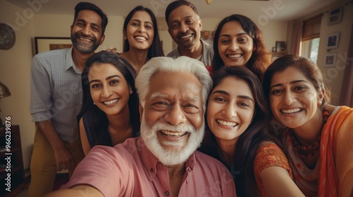  A, indian family is taking a selfie inside a home. They are all smiling and appear to be happy. The oldest member of the family is a man with white hair and a white beard