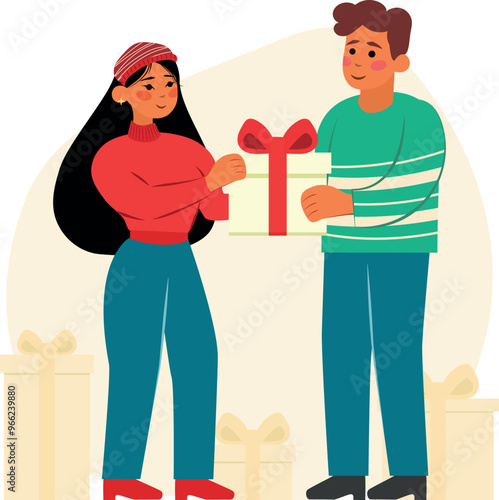 Ilustración Pareja dando regalo de navidad