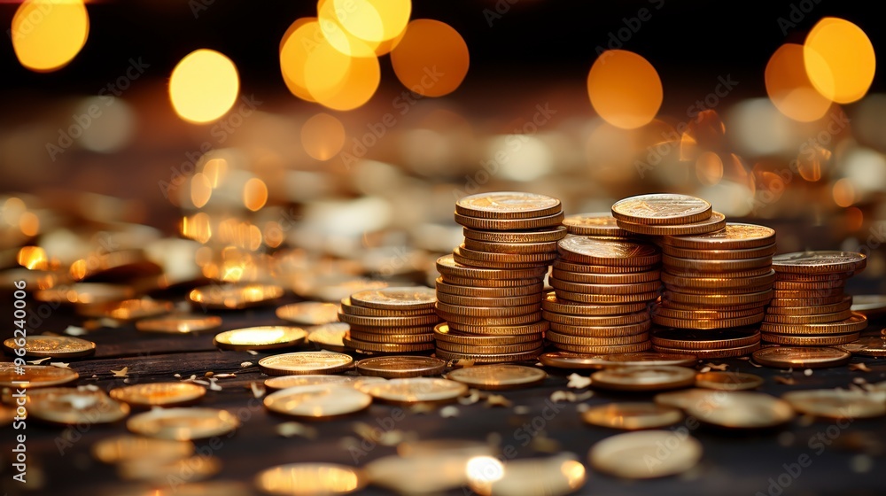Stacks of gold coins are on a dark wooden surface with a blurry background of warm, golden lights. Smaller coins are scattered around the stacks, with some coins partially visible in the foreground. Stacks of gold coins are on a dark wooden surface with a blurry background of warm, golden lights. Smaller coins are scattered around the stacks, with some coins partially visible in the foreground.