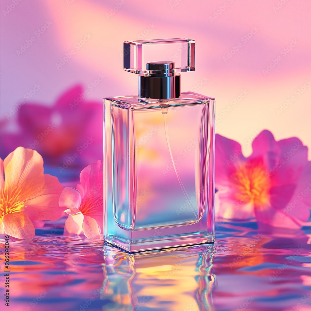Perfume bottle standing on reflective surface with flowers Perfume bottle standing on reflective surface with flowers