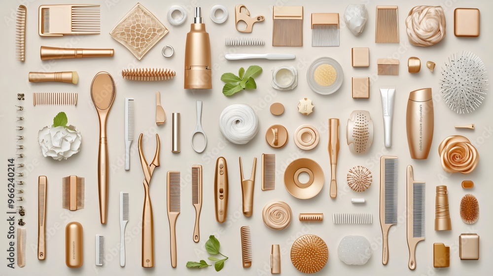 Hairdressing tools and hair care products forming a background Hairdressing tools and hair care products forming a background