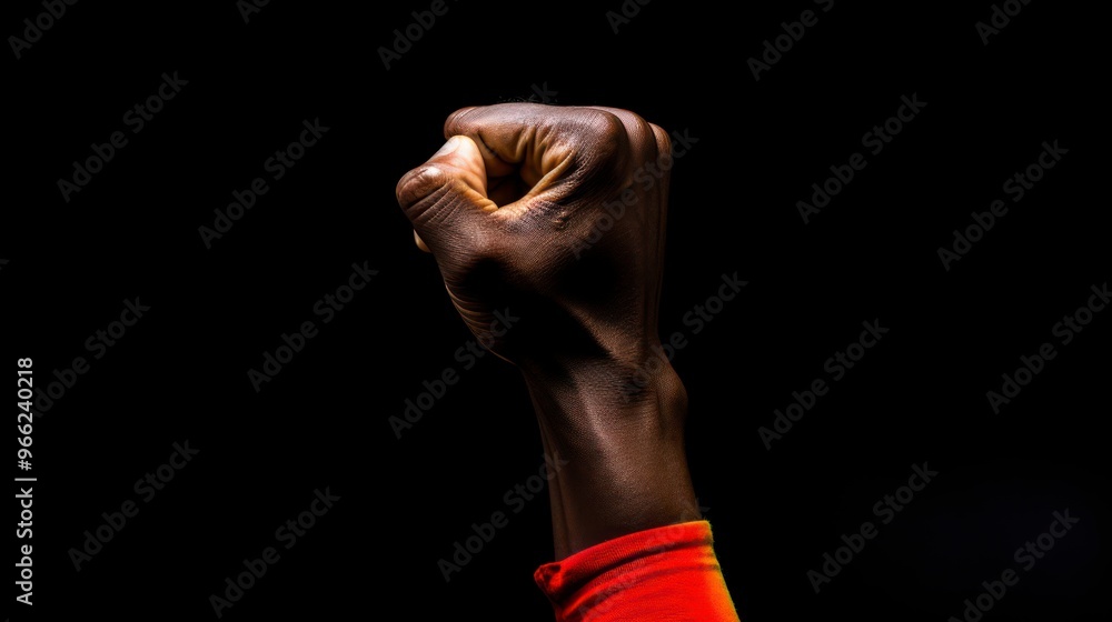 A black hand with a sleeve is raised in a fist. The background is black. A black hand with a sleeve is raised in a fist. The background is black.