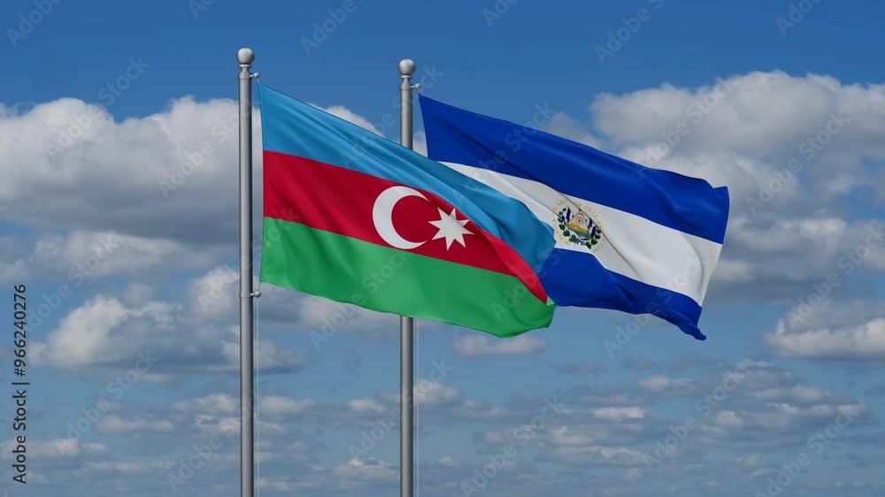 Republic of El Salvador and Azerbaijan flags flying together, video concept of the relationship, two country cooperation concept Republic of El Salvador and Azerbaijan flags flying together, video concept of the relationship, two country cooperation concept