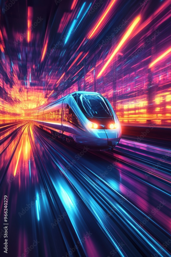 Fototapeta premium Futuristic Train Racing ThroughRetro Landscape of Neon Dreams and Innovation