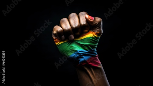  A person's fist is raised in the air, with the rainbow flag painted on their hand. The background is black.