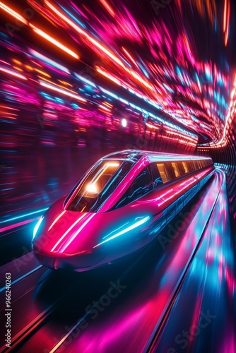 Futuristic Train in Neon Landscape Sparks Excitement and Innovation in Retro Setting