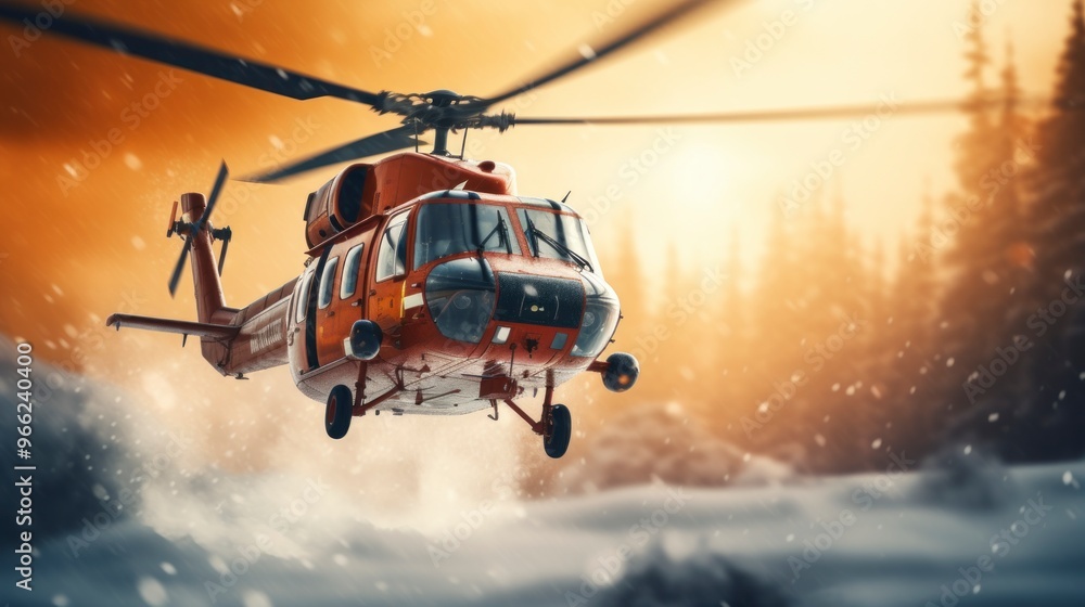 A rescue helicopter, with orange and black markings, flies low to the ground over a snowy forest. The sun shines brightly behind the helicopter, casting a warm glow on the snow and trees. A rescue helicopter, with orange and black markings, flies low to the ground over a snowy forest. The sun shines brightly behind the helicopter, casting a warm glow on the snow and trees.