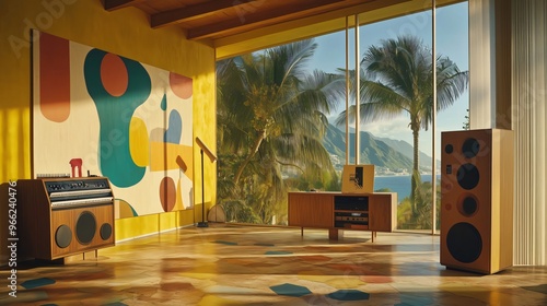 Modern living room with ocean view and vintage hi-fi stereo system
