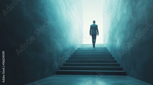 Man Walking Up Stairs Towards a Bright Future - Business Success Concept