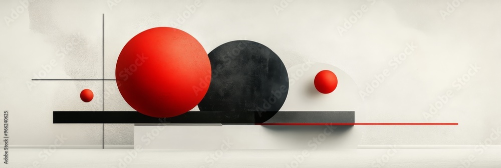 Obraz premium A minimalist abstract composition featuring three spheres, two red and one black, resting on a geometric platform. The spheres are arranged in a seemingly balanced configuration, conveying a sense of 