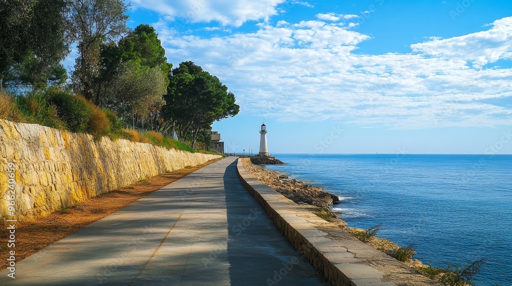 Fototapeta premium Vilanova i la Geltru, a Spanish town close to Barcelona, has a seaside walkway and a lighthouse. running route alongside the shore.