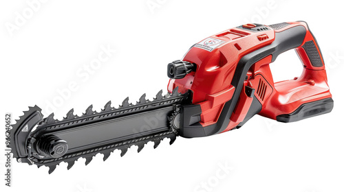 Red electric chainsaw tool isolated transparent background