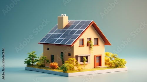  A miniature house with solar panels on the roof is surrounded by small trees and shrubs on a blue background.
