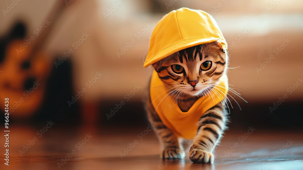 A stylish cat wearing a yellow cap and outfit walks confidently in a cozy interior, showcasing its playful personality. A stylish cat wearing a yellow cap and outfit walks confidently in a cozy interior, showcasing its playful personality.