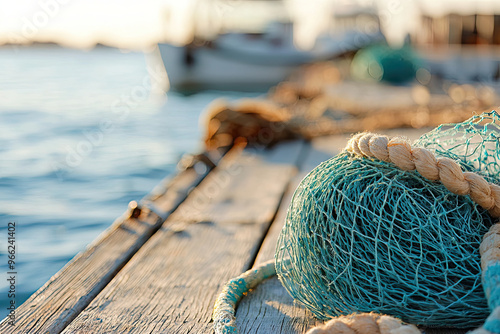 A close up of fishing net and gear laid out on dock, capturing essence of maritime life. soft sunlight reflects on water, creating serene atmosphere photo