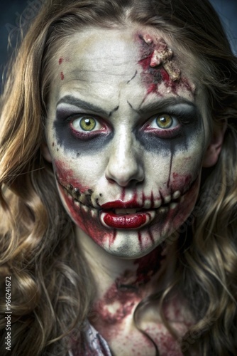 Frightening Halloween Makeup with Horror Themes Close-up portraits of people wearing intense Halloween makeup, featuring gory and scary designs with dark, horror-inspired themes. 