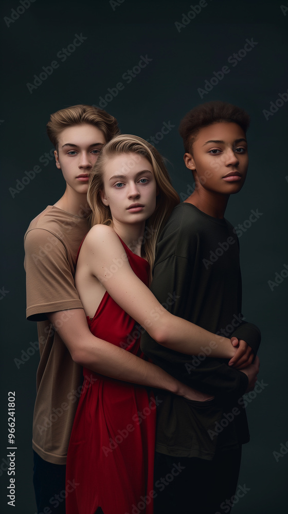 Portrait of three young interracial friends embracing in a photography studio Portrait of three young interracial friends embracing in a photography studio