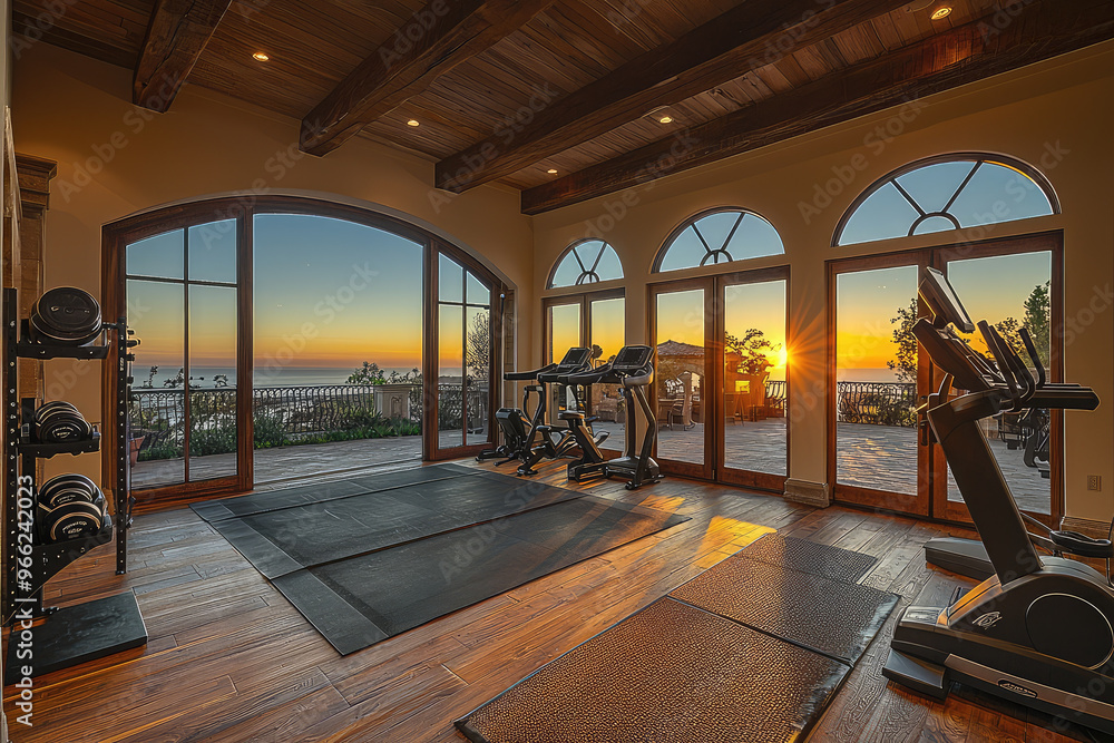 Picture of A close up of luxury mansions home gym featuring large windows that ...