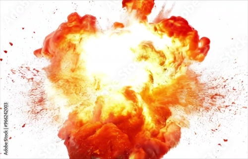 Fire explosion on white background. Yellow and orange flame after a blast, fiery background