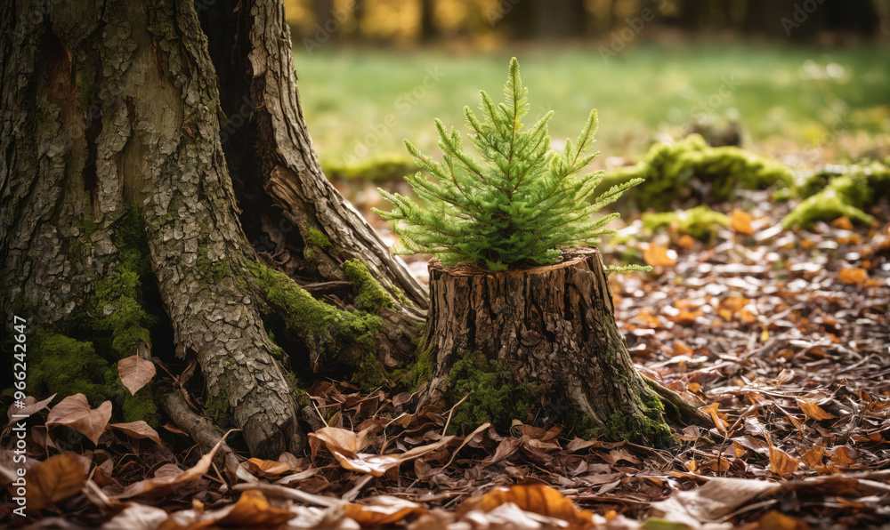 A young pine tree grows out of a stump in a forest, surrounded by fallen leaves and moss A young pine tree grows out of a stump in a forest, surrounded by fallen leaves and moss
