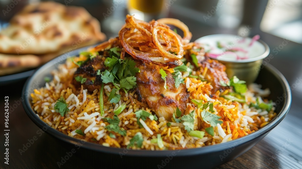 A vibrant plate of Indian biryani with aromatic basmati rice, succulent chicken, and garnished with fried onions and fresh cilantro, served with raita and naan. A vibrant plate of Indian biryani with aromatic basmati rice, succulent chicken, and garnished with fried onions and fresh cilantro, served with raita and naan.