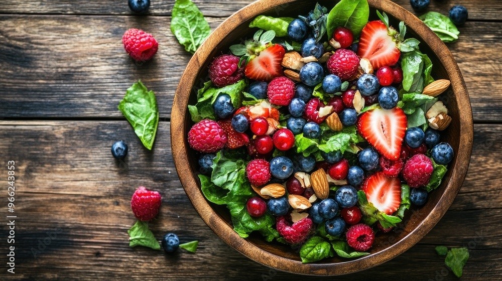 A vibrant summer berry salad, with strawberries, blueberries, and raspberries mixed with leafy greens and nuts, served on a rustic wooden table. A vibrant summer berry salad, with strawberries, blueberries, and raspberries mixed with leafy greens and nuts, served on a rustic wooden table.