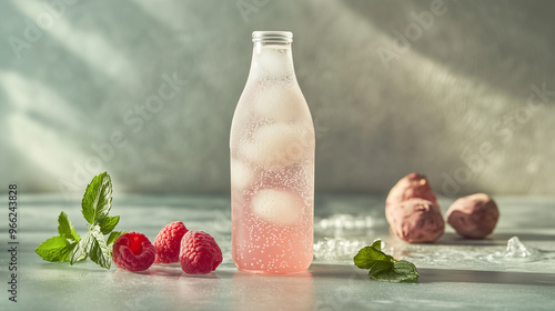 Refreshing non-alcoholic sparkling cocktail with lychee and raspberry in a frosted glass bottle. A light and fizzy drink perfect for summer hydration. Image made using Generative AI. photo