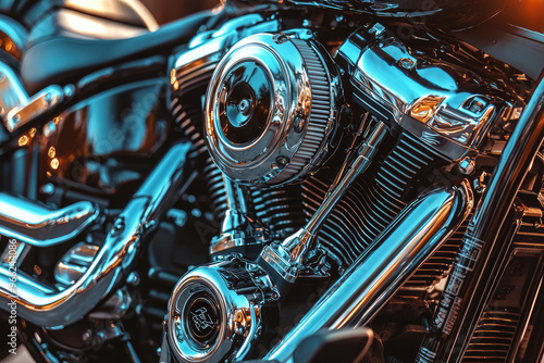 A close up of motorcycle engine showcasing chrome and black components, highlighting intricate details and craftsmanship. shiny surfaces reflect light beautifully, evoking sense of power and precision