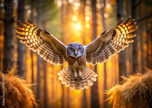 Muted brown owl's elegant wings spread wide, revealing soft feathers and sharp talons, against a blurred forest photo