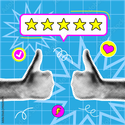 Square Y2k, Groovy banner with five stars and hand with thumb up. Collage with dots, heart, lightning, like icon, 5 elements for rating, status designations. Customer reviews, overviews.Vector EPS10