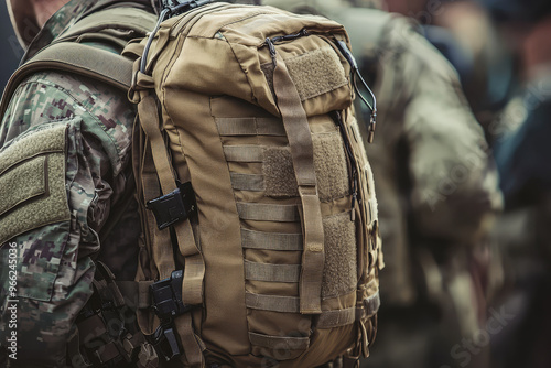 A close up of tactical backpack worn by soldier, showcasing its durable design and military features. backpack is equipped for various missions, reflecting strength and readiness