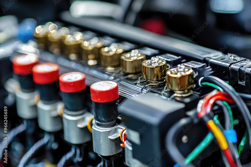 A close up of an engine control unit (ECU) showcasing intricate wiring and components, highlighting precision and complexity of automotive technology A close up of an engine control unit (ECU) showcasing intricate wiring and components, highlighting precision and complexity of automotive technology