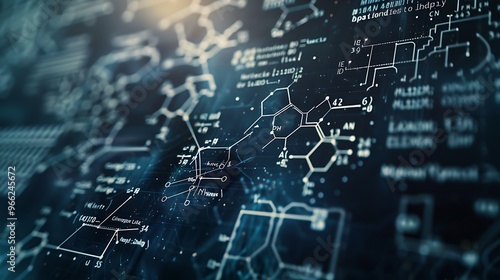 Close-up of intricate science formulas on a transparent computer screen, bright and precise. 32k, full ultra hd, high resolution photo