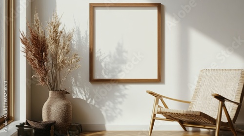 wooden poster white blank horizontal frame mockup, reflection, shadow overlay, cozy living room, farmhouse stlyle, warm room, photo