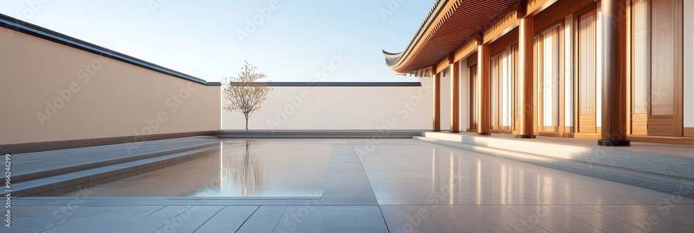 Obraz premium A serene and minimalist Zen garden courtyard with a reflecting pool of water, surrounded by white walls and a traditional wooden structure. The simple design evokes tranquility and peace, symbolizing
