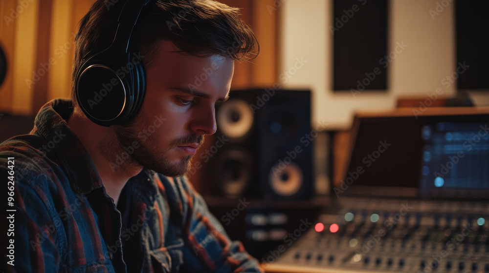 Audio content creator using noise-canceling headphones during a mixing session Audio content creator using noise-canceling headphones during a mixing session