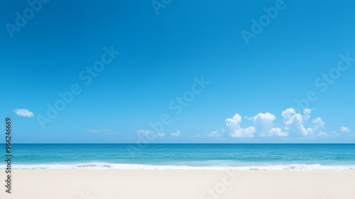 A serene image capturing a tranquil beach scene with a vibrant blue sky and pristine white sand. The crystal-clear water gently laps the shore, symbolizing peace, tranquility, and the beauty of natur