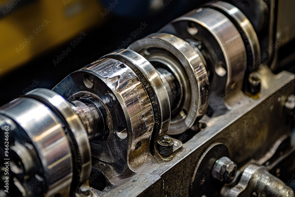 A detailed view of an engines crankshaft and bearings, showcasing intricate design and precision engineering involved in automotive mechanics. shiny metal components reflect craftsmanship and function A detailed view of an engines crankshaft and bearings, showcasing intricate design and precision engineering involved in automotive mechanics. shiny metal components reflect craftsmanship and function