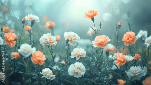 White and orange carnations bloom in a misty garden bathed in morning light. This peaceful scene is perfect for banners, wallpapers, or posters.