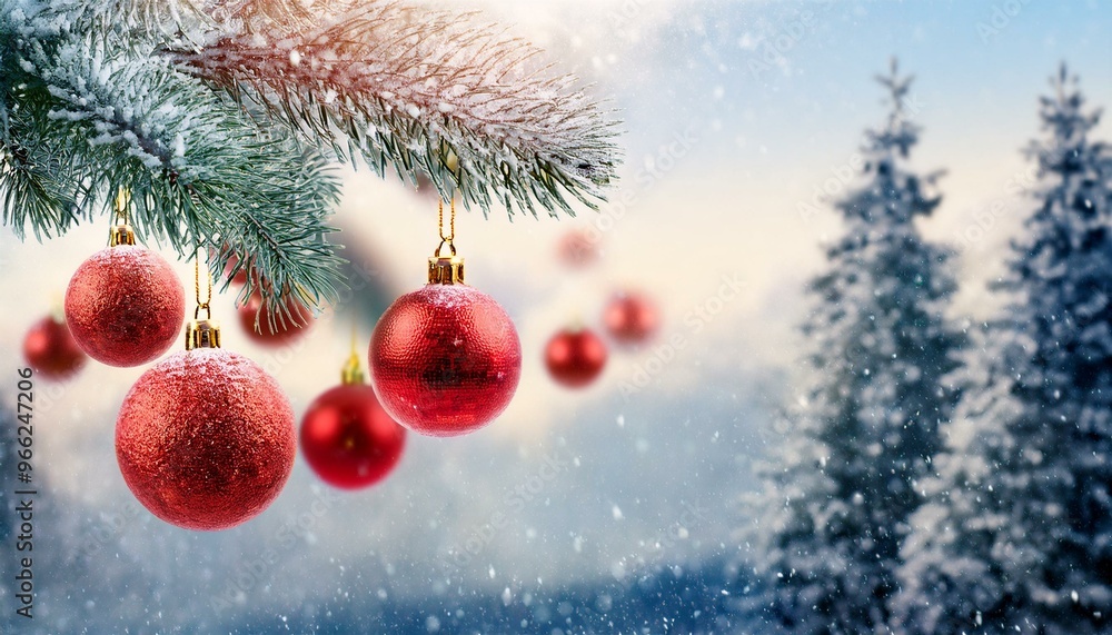 Fondo navideño invernal, con bolas de navidad, abetos y nieve. Fondo navideño invernal, con bolas de navidad, abetos y nieve.