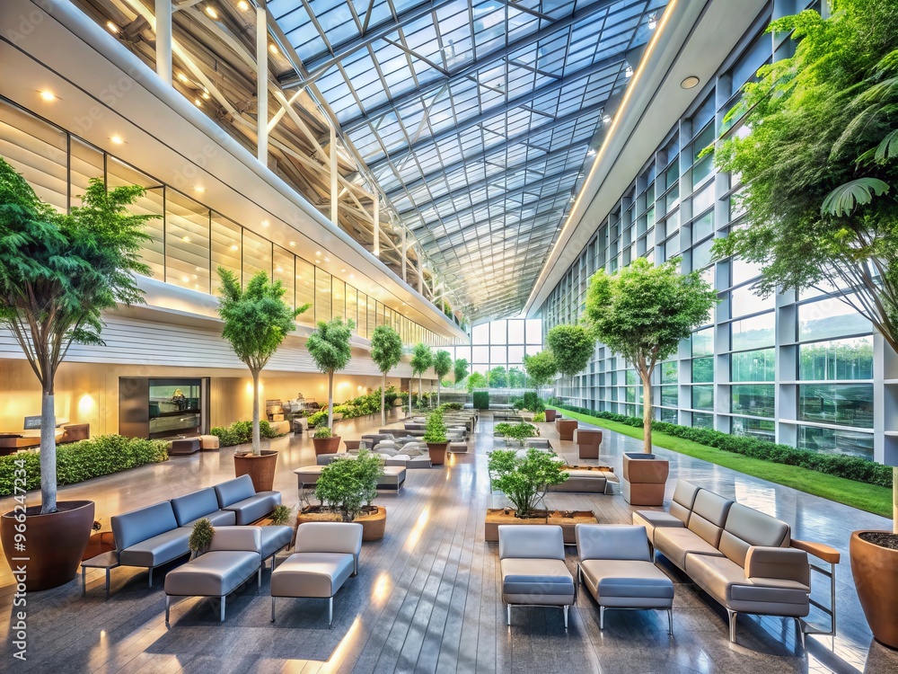 Natural light pours into a sleek, modern airport atrium with soaring ceilings and lush greenery, surrounded by Natural light pours into a sleek, modern airport atrium with soaring ceilings and lush greenery, surrounded by