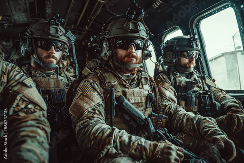 A group of Special Forces operators in helicopter, showcasing their tactical gear and focused expressions. atmosphere is intense and professional, highlighting their readiness for action